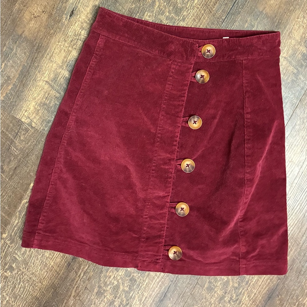 Peach Love California Button-Front A-Line Corduroy Skirt in Burgundy